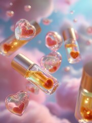 Enchanting beauty cosmetic packages with heart designs dreamy cloud background 3d rendering whimsical aesthetic