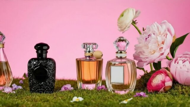Five perfume bottles on green moss with flowers and pink background. Luxury fragrance product with natural scent concept for cosmetic advertising