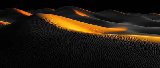 Black sand dunes with golden highlights. Abstract image of dark sand dunes illuminated by vibrant golden-orange light, showcasing textured patterns under dramatic lighting