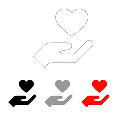 vector icon of a human hand on which there is a heart symbol, line icon and colored red, black and light black