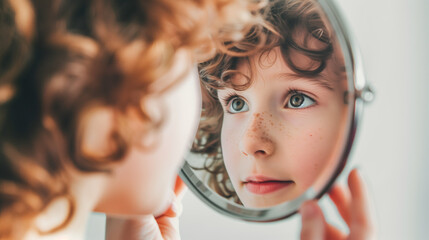 Young man looking at his reflection in mirror with thoughtful expression, self reflection and personal growth concept, narcissism or self love idea, psychological and emotional development