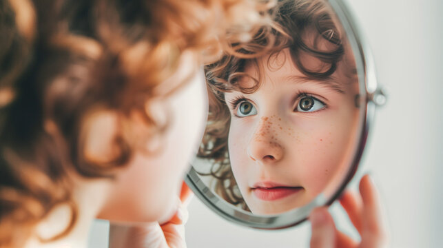 Young man looking at his reflection in mirror with thoughtful expression, self reflection and personal growth concept, narcissism or self love idea, psychological and emotional development