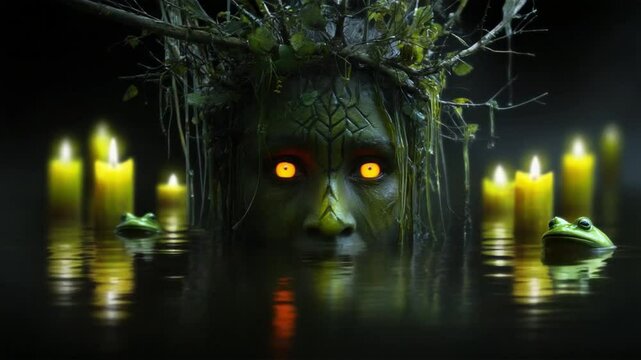 A nature spirit representing Slavic mythology emerges from tranquil waters, adorned with foliage. Candles flicker nearby, creating an enchanting aura, while frogs linger curiously around