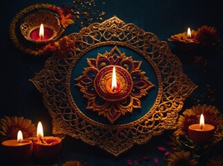 Illuminated Diya Lamps with Golden Filigree on a Festive Decorative Display
