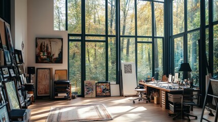 Obraz premium Sunlit Artist's Studio with Forest Views