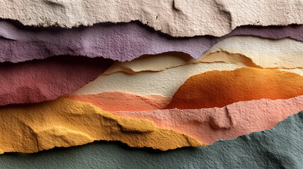 Torn paper layers in soft pastel tones with subtle shadows and textures, abstract collage-style background