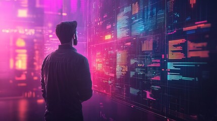 A futuristic startup leader controlling global business analytics from a floating digital screen