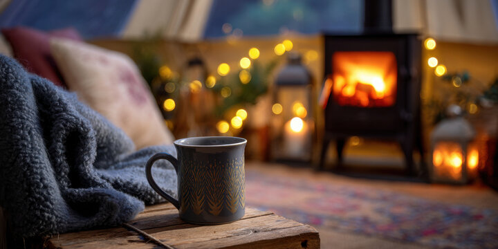 Cozy warm indoor scene with ceramic mug on wooden table near soft blanket and glowing fireplace creating relaxing atmosphere