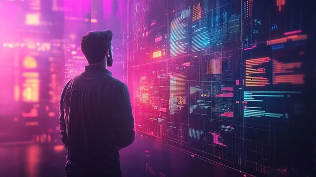 A futuristic startup leader controlling global business analytics from a floating digital screen