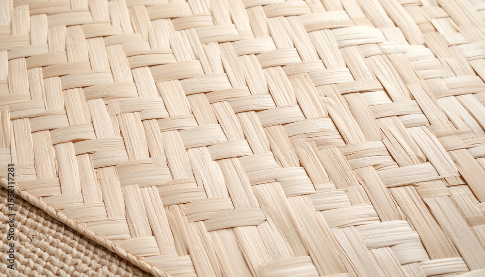 Poster woven natural fibers create a textured surface, showcasing intricate patterns and a light, neutral c