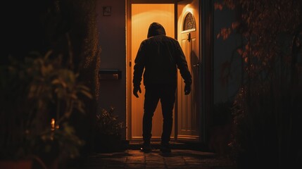 Rear view of hooded burglar entering house through open door.