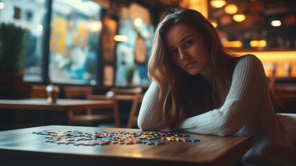 Fototapeta premium A thoughtful girl sits in a cafe at a table scattered with puzzle pieces, immersed in contemplation.