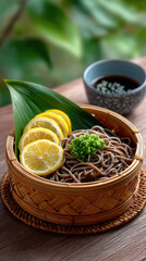 Cold soba noodle dish with lemon slices and green garnish in bamboo basket with dipping sauce, fresh and vibrant meal