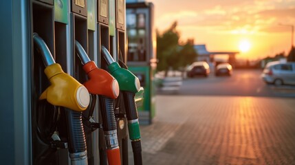 Sunset at the gas station with vibrant pumps and cars parked nearby during evening hours