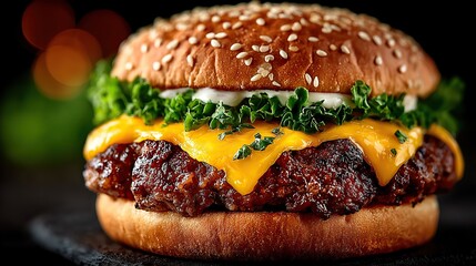 Close-up Juicy Burger with Lettuce, Tomato and Cheese, Half-cut Bun Revealing Delicious Patty Against Dark Brown Background
