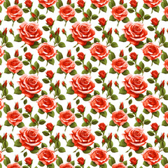 Pattern of Red Roses with Green Leaves on White Background