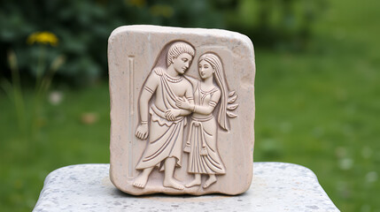 Fototapeta premium Stone block depicting man and woman in relief, symbolizing love and unity in ancient art.