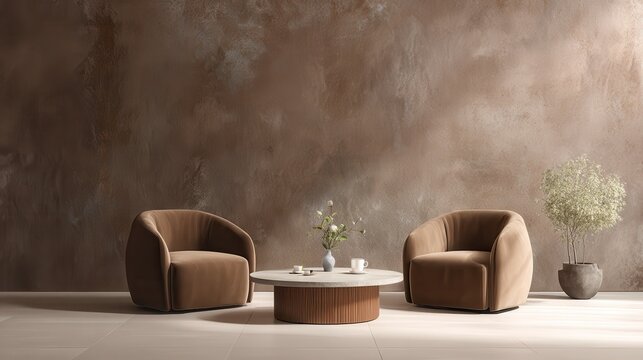 High-Quality Stock image of modern interior design background with a brown wall mockup, two armchairs, and a coffee table on a light-colored floor in a minimalistic home decor style.
