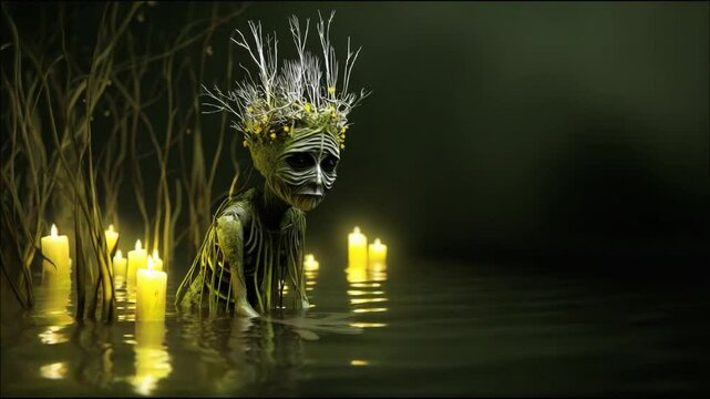Experience the captivating essence of Slavic mythology as a mystical figure emerges from calm waters, surrounded by flickering candles and natural elements, evoking an enchanting atmosphere