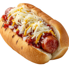 Delicious hot dog with cheese and toppings isolated on a transparent background