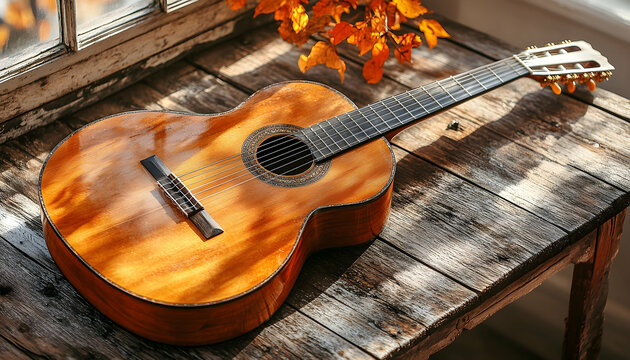 Warm Sunlight on a Vintage Acoustic Guitar on Rustic Wood