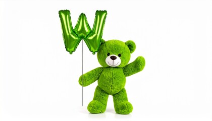 Fototapeta premium Cute green teddy bear with balloon letter W. Baby name reveal after child birth. Stuffed animal isolated on white background