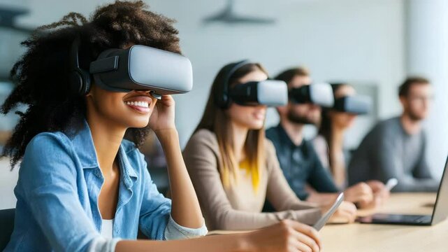Young adults using virtual reality headset and headphones for immersive technology experience with digital devices in modern office group environment - Powered by Adobe