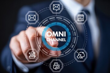 Person touching a digital display showing omni channel concept.
