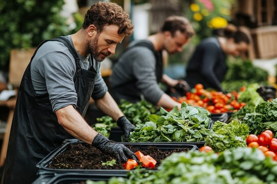 Environmental sustainability concept: People disposing of food waste in compost bins to create fertilizer and reduce pollution., Generative AI - Powered by Adobe
