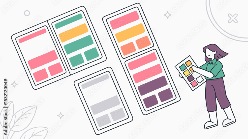 Poster woman holding color palette next to layout templates showcasing different color schemes and arrangem