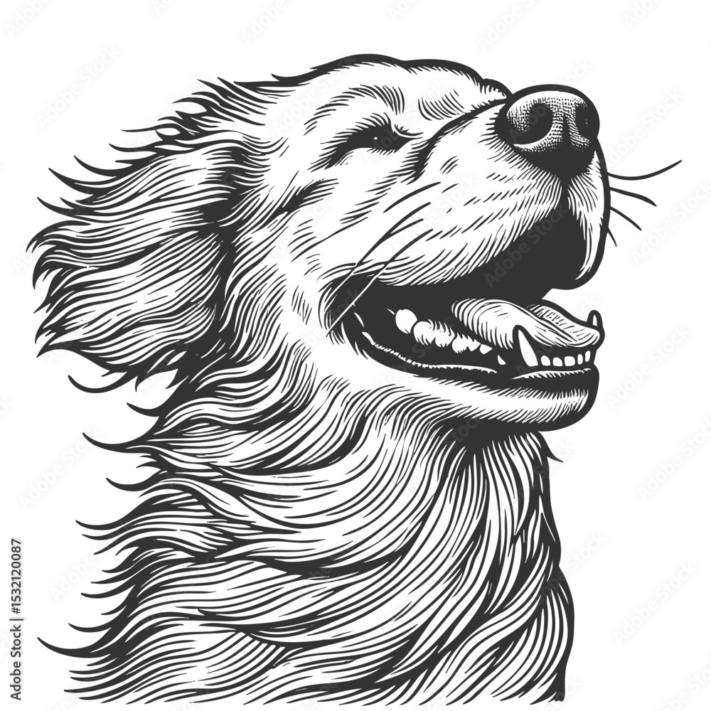 Poster joyful dog with flowing fur sketch engraving generative ai vector illustration. scratch board imitat