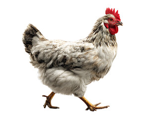 Walking Chicken: A close-up shot of a chicken showcases its elegant strides, bright red comb, and vibrant, textured feathers, perfect for illustrating farm and food imagery.