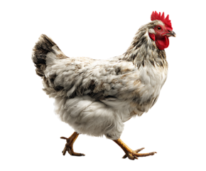 Walking Chicken: A close-up shot of a chicken showcases its elegant strides, bright red comb, and vibrant, textured feathers, perfect for illustrating farm and food imagery.