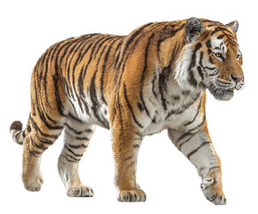 Majestic Stride: A powerful tiger strides forward with focused intensity. Its stunning striped coat and muscular build embody the raw strength and beauty of nature's apex predator.