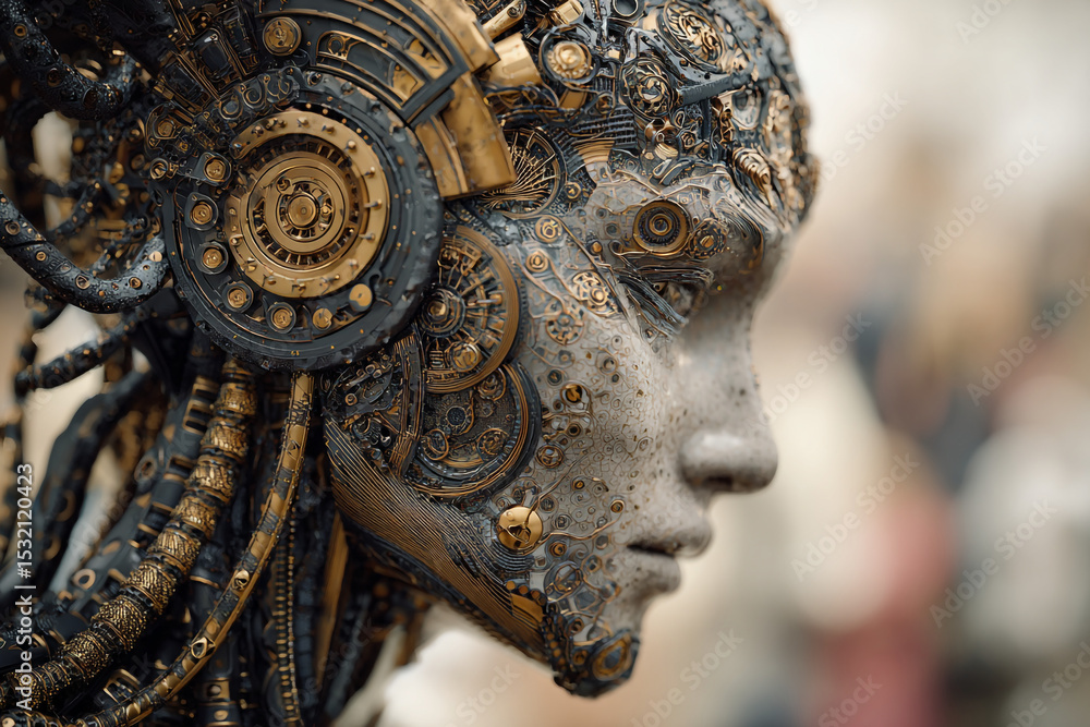 Poster close up of a steampunk cyborg head with intricate mechanical details and metallic textures visible