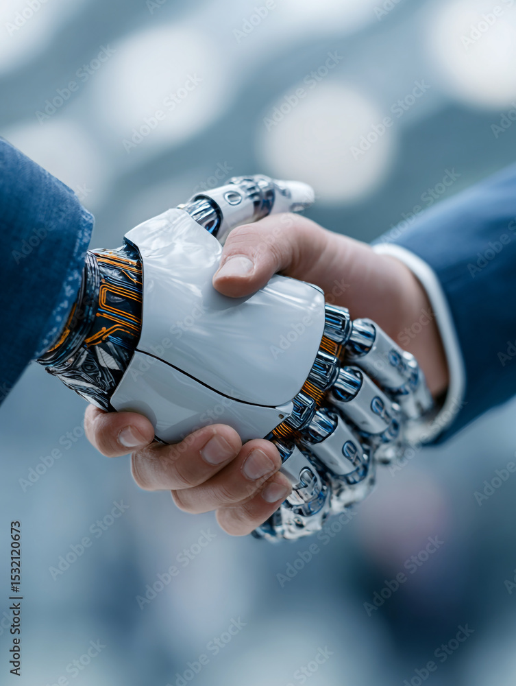 Poster a human hand shaking hands with a robot hand in a business setting symbolizing future technology