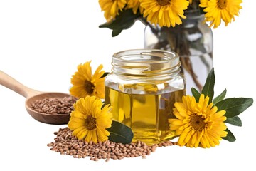 A photo of a rustic setting with a glass jar filled with yellow oil.