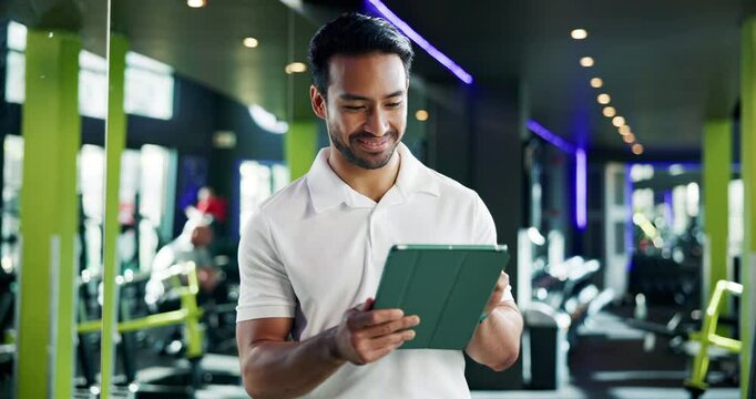 Fitness, tablet and thinking with man in gym for development, planning or sports training. App, exercise or idea and personal trainer in health club to update system with workout program or schedule - Powered by Adobe