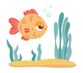 Cute Sea tropical fish and Plants algae on sandy seabed. Funny character animal. Underwater seascape landscape. Vector illustration. Kids collection
