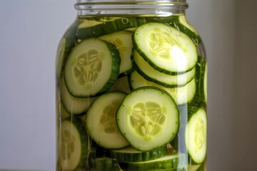 A photograph of thinly sliced pickled cucumbers