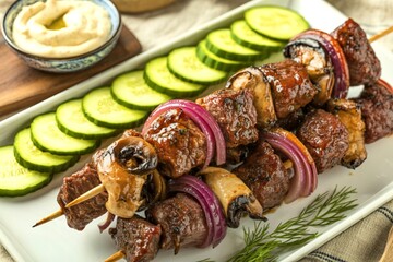 a vibrant arrangement of grilled meat skewers