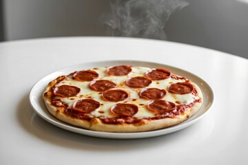 pepperoni pizza resting on a pristine white ceramic plate