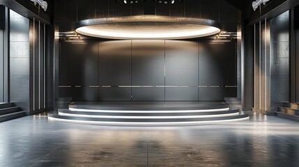 Modern hall with empty stage, ready for corporate displays, high-end platform setup