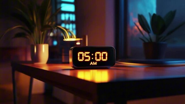 Early Morning Digital Alarm Clock with the time of 05:00 AM. Modern Digital Alarm Clock On Bedside Table