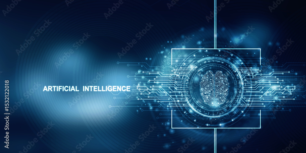 Poster 2d illustration concept of thinking, background with brain, abstract artificial intelligence. techno