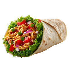 Delicious chicken burrito filled with fresh lettuce, tomatoes and onions isolated ona  transparent background