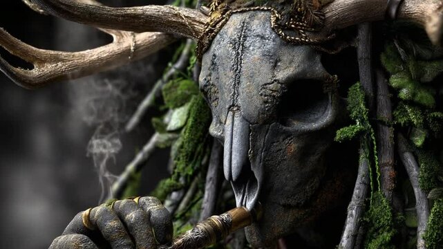 In a dense forest setting, a mysterious figure embodies Slavic mythology, blending nature with mystique