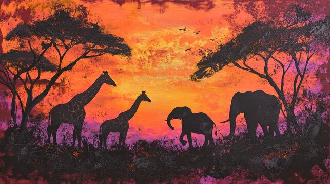silhouettes of giraffes and elephants against a glowing orange and purple sunset in the African savanna.
