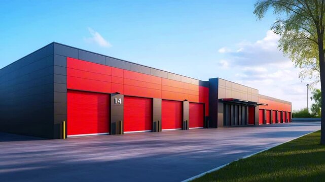 Outdoor row of modern self storage units with red roller shutter doors 