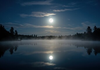 Fototapeta premium A full moon shines over a misty lake, its bright reflection captured on the still water